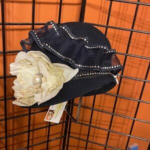 Navy Hat with Cream Flower and Rhinestone Trim